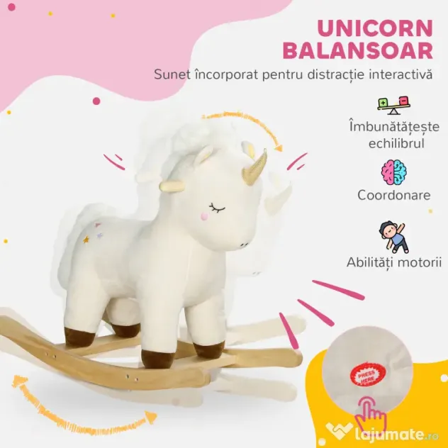 AIYAPLAY Cal Balansoar pentru Copii 2-4 Ani în Formă de Unicorn cu Sunete și Înveliș Moale, 63x33x56 cm, Alb | Aosom Romania