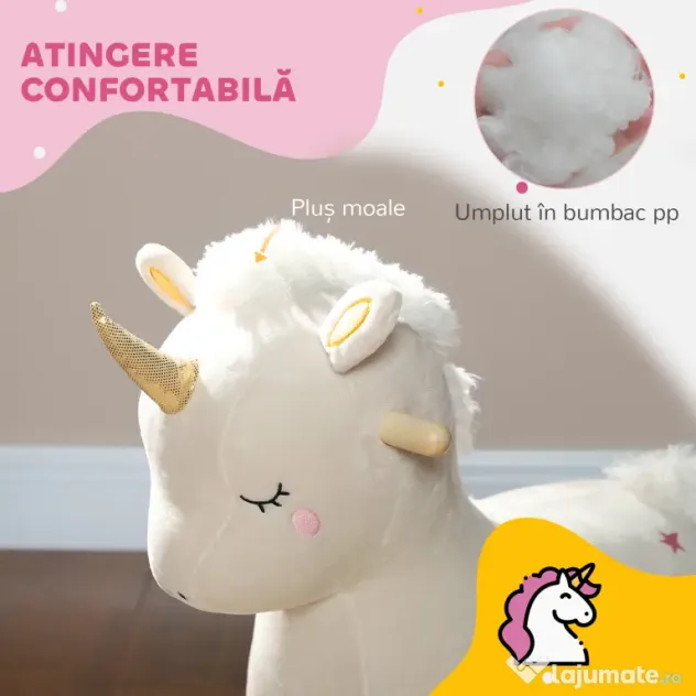AIYAPLAY Cal Balansoar pentru Copii 2-4 Ani în Formă de Unicorn cu Sunete și Înveliș Moale, 63x33x56 cm, Alb | Aosom Romania
