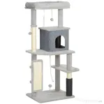 PawHut Copac pentru Pisici Multifuncțional, Înalt de 132 cm, cu Căsuță, Pat, Stâlpi de Zgâriat, Perie și Minge, Gri