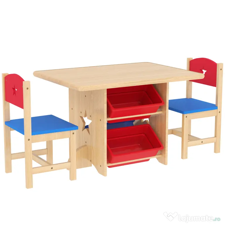 AIYAPLAY Set Masă și Scaune pentru Copii 3-7 Ani, cu 2 Scaune și 4 Compartimente de Depozitare, 77x57x50 cm, Lemn Natural | Aosom Romania