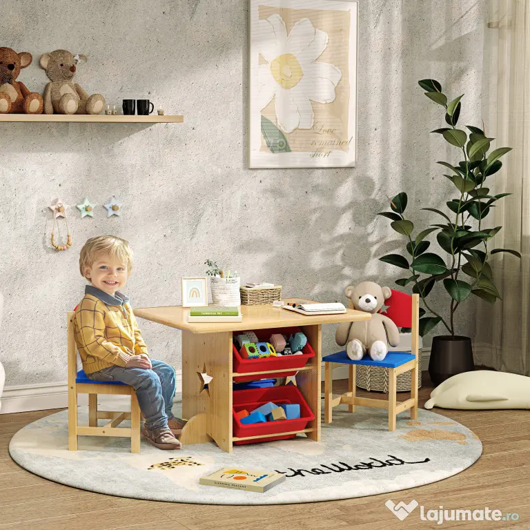 AIYAPLAY Set Masă și Scaune pentru Copii 3-7 Ani, cu 2 Scaune și 4 Compartimente de Depozitare, 77x57x50 cm, Lemn Natural | Aosom Romania