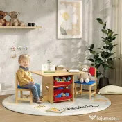 AIYAPLAY Set Masă și Scaune pentru Copii 3-7 Ani, cu 2 Scaune și 4 Compartimente de Depozitare, 77x57x50 cm, Lemn Natural | Aosom Romania
