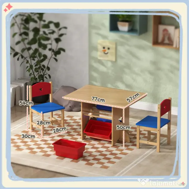 AIYAPLAY Set Masă și Scaune pentru Copii 3-7 Ani, cu 2 Scaune și 4 Compartimente de Depozitare, 77x57x50 cm, Lemn Natural | Aosom Romania