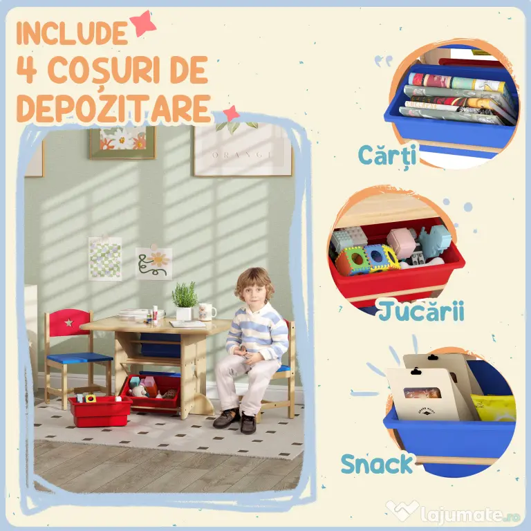 AIYAPLAY Set Masă și Scaune pentru Copii 3-7 Ani, cu 2 Scaune și 4 Compartimente de Depozitare, 77x57x50 cm, Lemn Natural | Aosom Romania