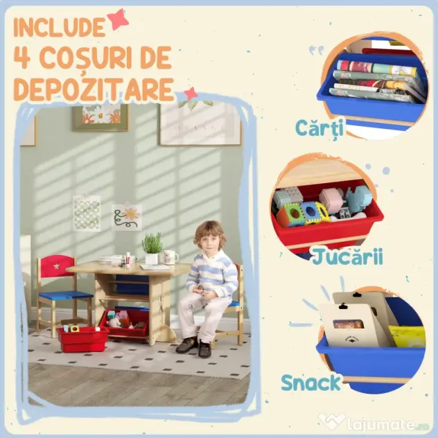AIYAPLAY Set Masă și Scaune pentru Copii 3-7 Ani, cu 2 Scaune și 4 Compartimente de Depozitare, 77x57x50 cm, Lemn Natural | Aosom Romania