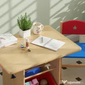 AIYAPLAY Set Masă și Scaune pentru Copii 3-7 Ani, cu 2 Scaune și 4 Compartimente de Depozitare, 77x57x50 cm, Lemn Natural | Aosom Romania