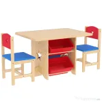 AIYAPLAY Set masă și scaune pentru copii 3-7 ani cu 2 scaune și masă cu 4 compartimente de depozitare, din lemn și PP, culoare lemn