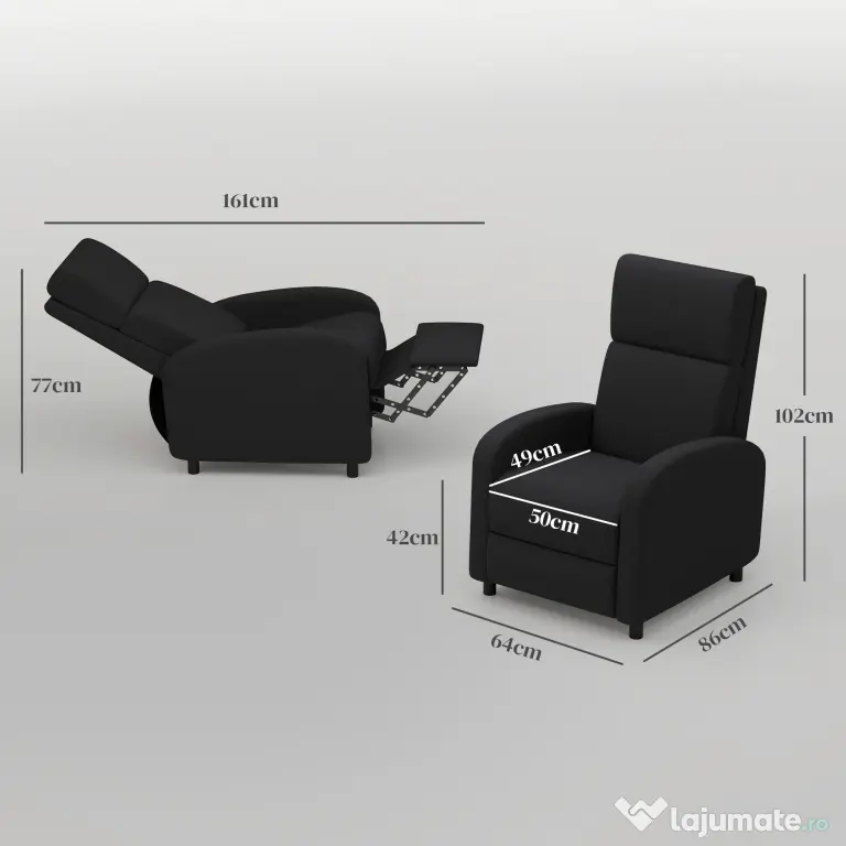 HOMCOM Fotoliu Relax Rabatabil Manual 160° cu Suport pentru Picioare, Fotoliu Ergonomic Tapițat cu Aspect de In pentru Dormitor, Birou, Living și Sufragerie, Negru | Aosom Romania