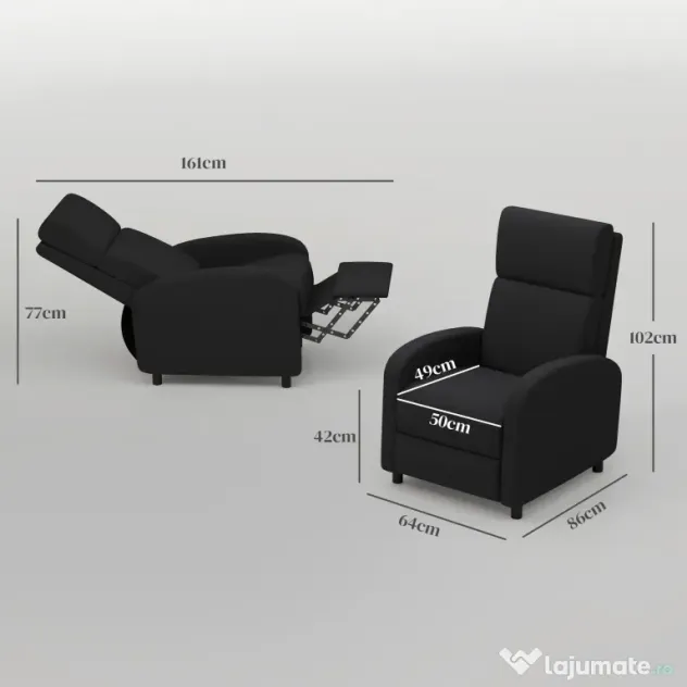 HOMCOM Fotoliu Relax Rabatabil Manual 160° cu Suport pentru Picioare, Fotoliu Ergonomic Tapițat cu Aspect de In pentru Dormitor, Birou, Living și Sufragerie, Negru | Aosom Romania