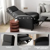HOMCOM Fotoliu Relax Rabatabil Manual 160° cu Suport pentru Picioare, Fotoliu Ergonomic Tapițat cu Aspect de In pentru Dormitor, Birou, Living și Sufragerie, Negru | Aosom Romania 