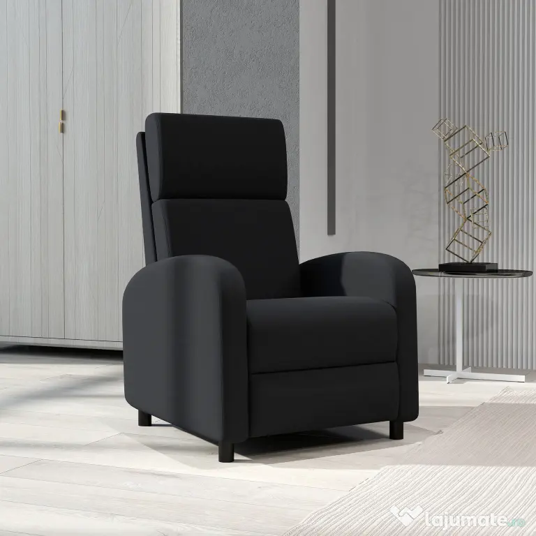 HOMCOM Fotoliu Relax Rabatabil Manual 160° cu Suport pentru Picioare, Fotoliu Ergonomic Tapițat cu Aspect de In pentru Dormitor, Birou, Living și Sufragerie, Negru | Aosom Romania
