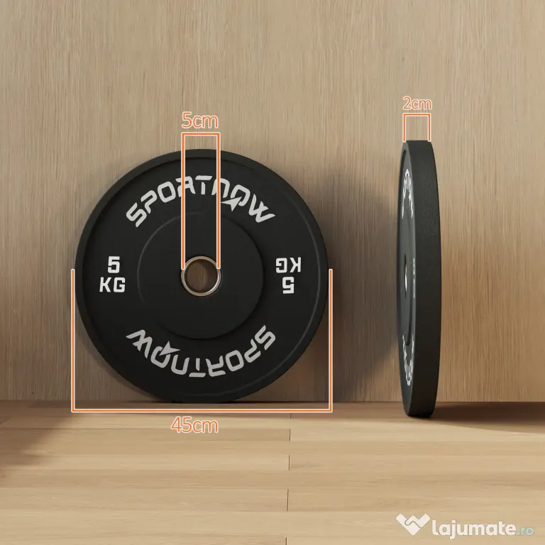 SPORTNOW Set 2 Discuri Greutăți 2x5 kg din Cauciuc cu Orificiu de 5 cm pentru Gantere și Grijuri, Ø45x2 cm, Negru | Aosom Romania
