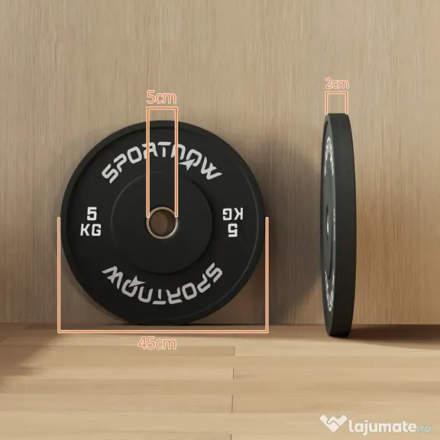 SPORTNOW Set 2 Discuri Greutăți 2x5 kg din Cauciuc cu Orificiu de 5 cm pentru Gantere și Grijuri, Ø45x2 cm, Negru | Aosom Romania