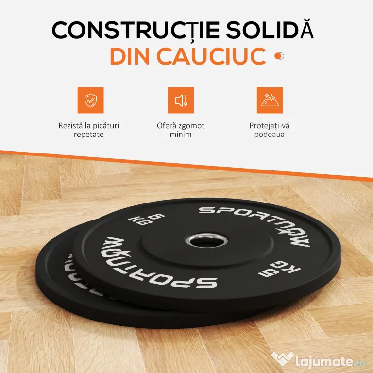 SPORTNOW Set 2 Discuri Greutăți 2x5 kg din Cauciuc cu Orificiu de 5 cm pentru Gantere și Grijuri, Ø45x2 cm, Negru | Aosom Romania