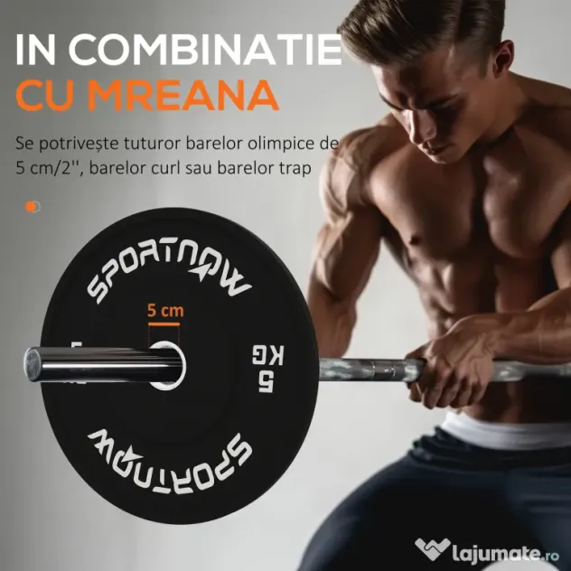 SPORTNOW Set 2 Discuri Greutăți 2x5 kg din Cauciuc cu Orificiu de 5 cm pentru Gantere și Grijuri, Ø45x2 cm, Negru | Aosom Romania
