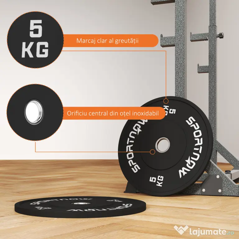 SPORTNOW Set 2 Discuri Greutăți 2x5 kg din Cauciuc cu Orificiu de 5 cm pentru Gantere și Grijuri, Ø45x2 cm, Negru | Aosom Romania