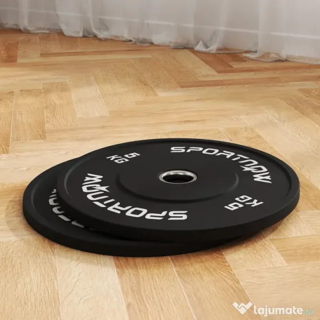 SPORTNOW Set 2 Discuri Greutăți 2x5 kg din Cauciuc cu Orificiu de 5 cm pentru Gantere și Grijuri, Ø45x2 cm, Negru | Aosom Romania