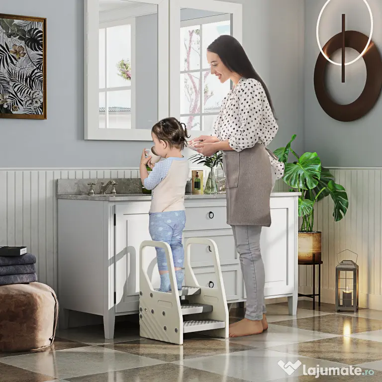 AIYAPLAY Turnuleț pentru Copii 2-5 Ani cu 3 Trepte Reglabile și Tălpi Antiderapante, 43x42x65,5 cm, Gri | Aosom Romania