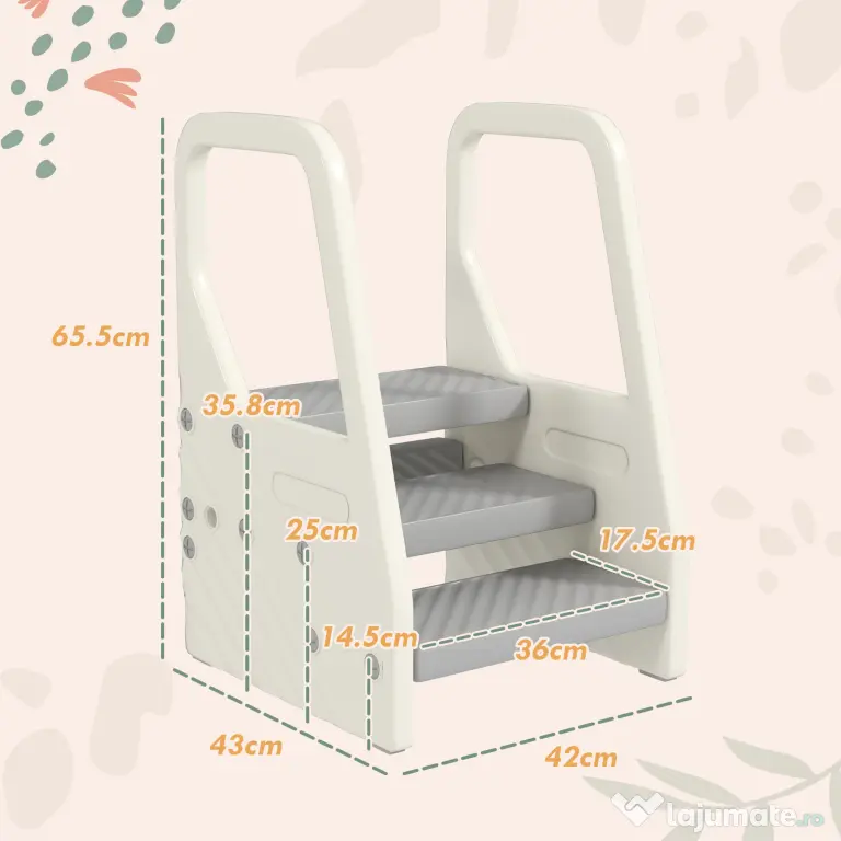 AIYAPLAY Turnuleț pentru Copii 2-5 Ani cu 3 Trepte Reglabile și Tălpi Antiderapante, 43x42x65,5 cm, Gri | Aosom Romania
