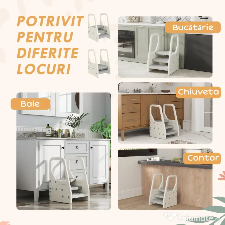 AIYAPLAY Turnuleț pentru Copii 2-5 Ani cu 3 Trepte Reglabile și Tălpi Antiderapante, 43x42x65,5 cm, Gri | Aosom Romania