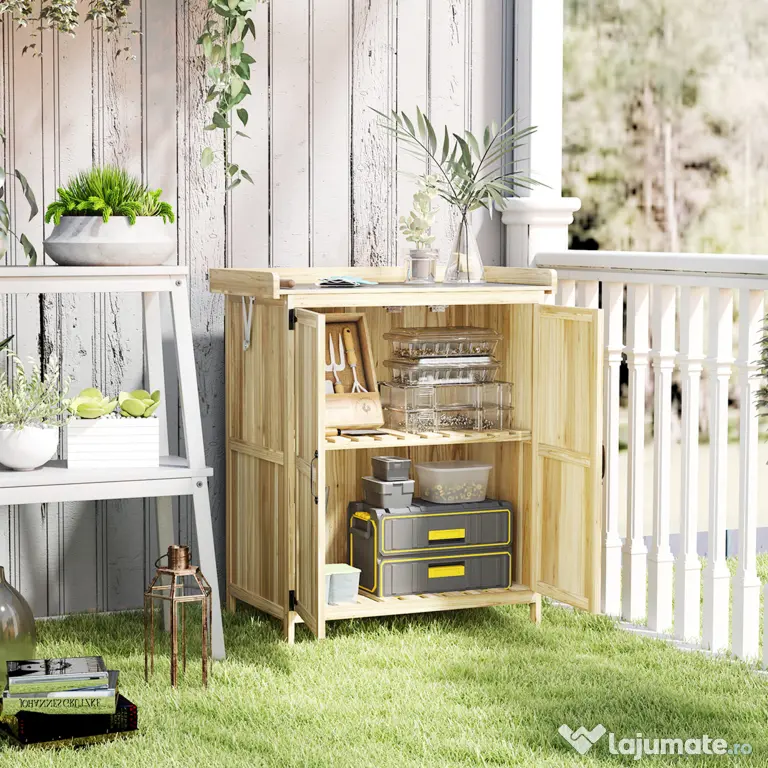 Outsunny Dulap Exterior, Depozit pentru Unelte cu Raft, din Lemn cu 2 Uși pentru Grădină, Terasă, Culoare Lemn Natural | Aosom Romania