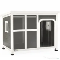 PawHut Căsuță pentru Câini cu Ferestre Laterale, Bază Detașabilă și Acoperiș Rabatabil, 90x62x71 cm, Gri Deschis | Aosom Romania