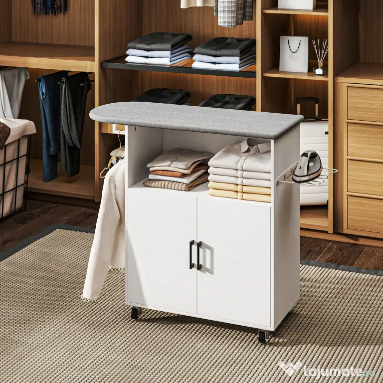 HOMCOM Dulap Mobil pentru Călcat cu 2 Uși și Spațiu Deschis, 125x43.5x102.5 cm, Alb