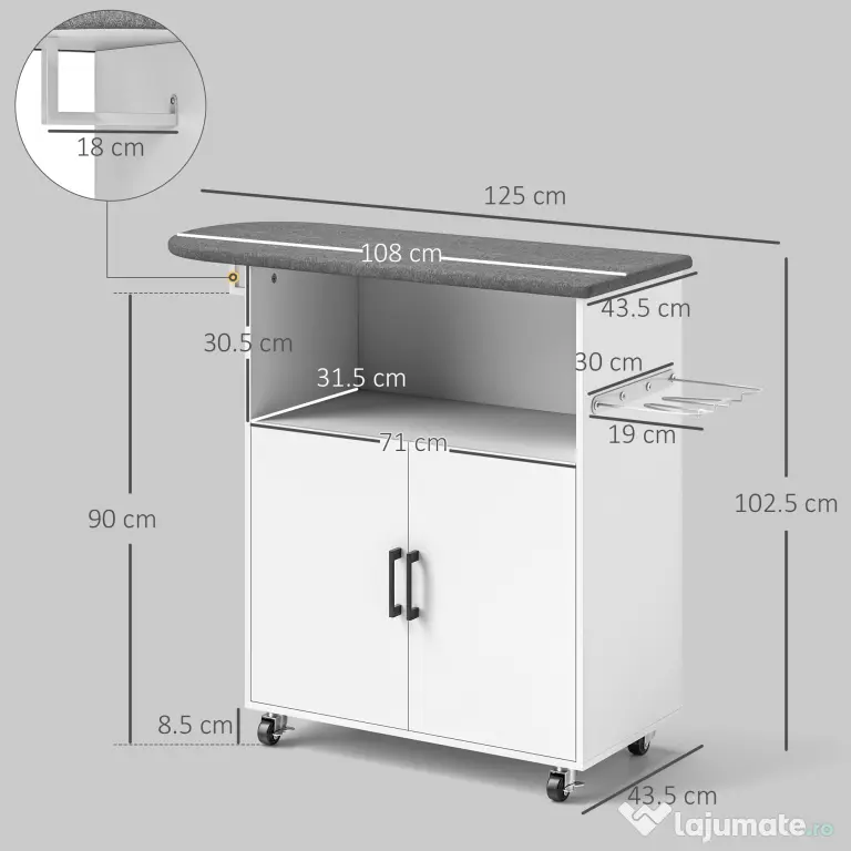 HOMCOM Dulap Mobil pentru Călcat cu 2 Uși și Spațiu Deschis, 125x43.5x102.5 cm, Alb