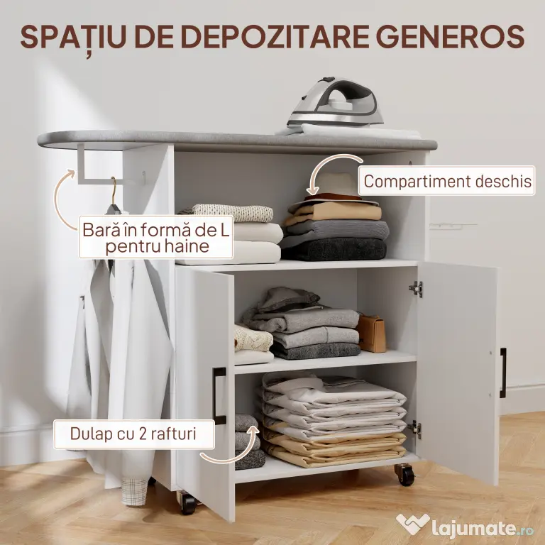 HOMCOM Dulap Mobil pentru Călcat cu 2 Uși și Spațiu Deschis, 125x43.5x102.5 cm, Alb
