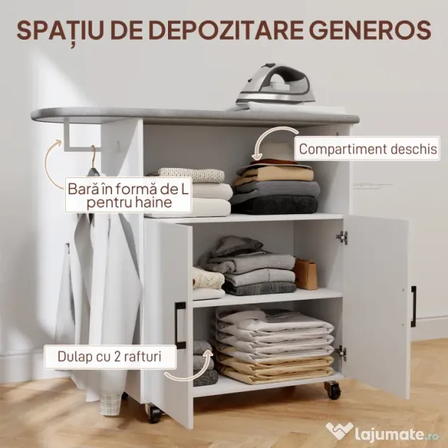HOMCOM Dulap Mobil pentru Călcat cu 2 Uși și Spațiu Deschis, 125x43.5x102.5 cm, Alb