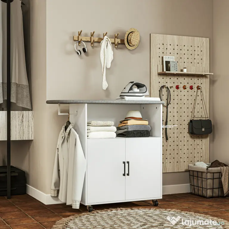 HOMCOM Dulap Mobil pentru Călcat cu 2 Uși și Spațiu Deschis, 125x43.5x102.5 cm, Alb