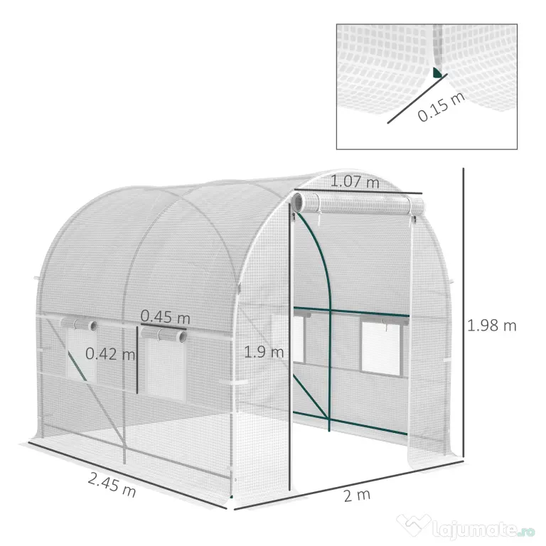 Outsunny Seră de Grădină Tip Tunel cu Cadru din Oțel și 4 Ferestre în PE 2.5x2x2m, Alb | Aosom Romania