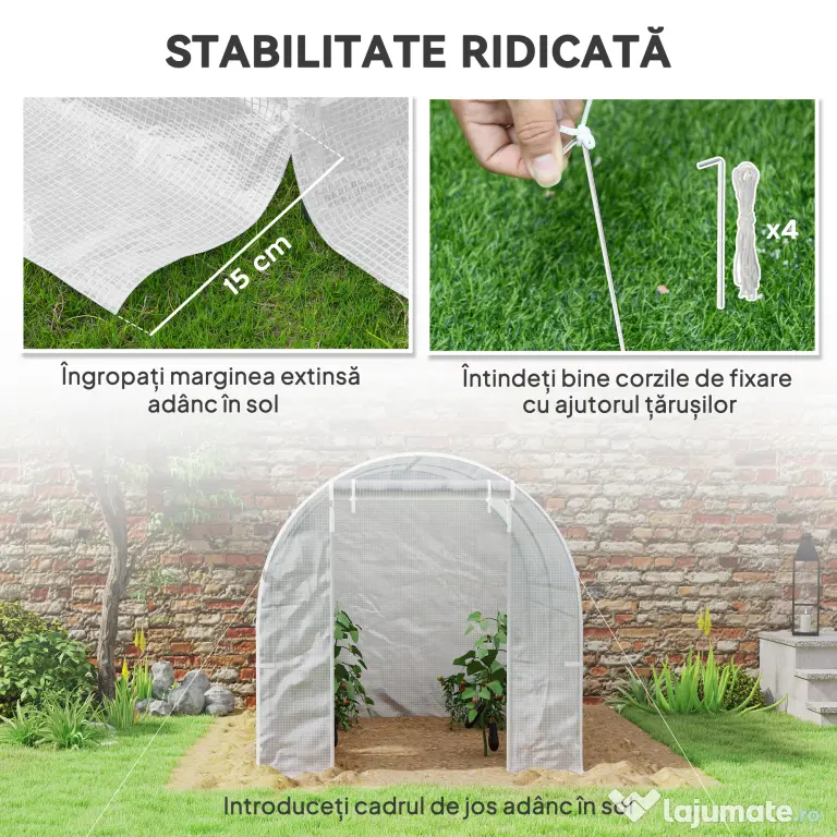 Outsunny Seră de Grădină Tip Tunel cu Cadru din Oțel și 4 Ferestre în PE 2.5x2x2m, Alb | Aosom Romania