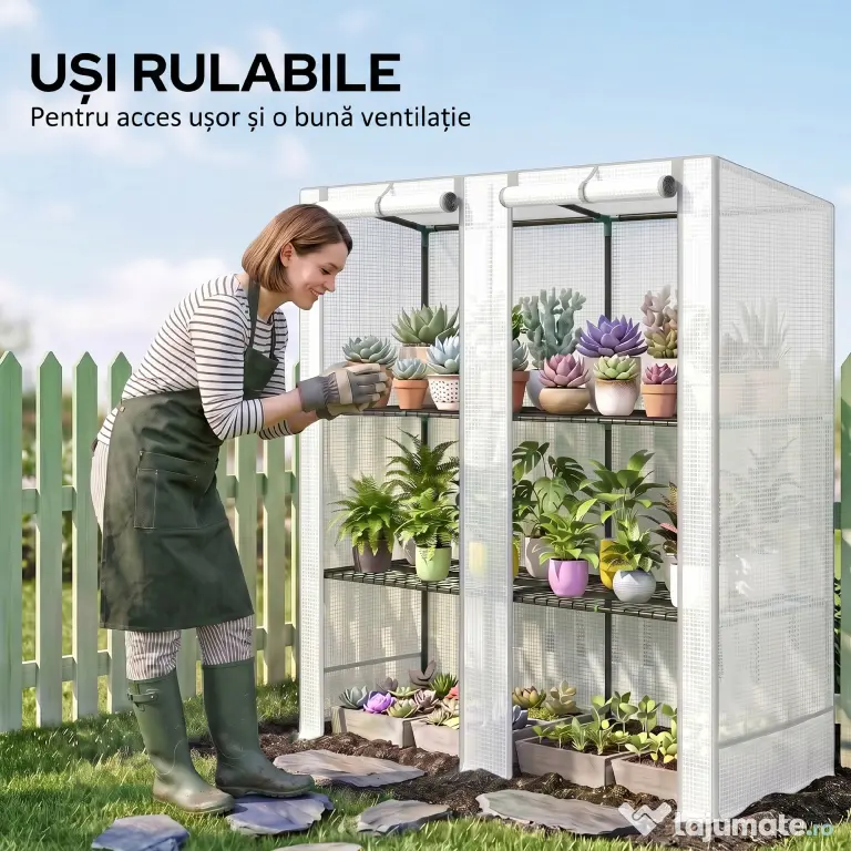 Outsunny Seră de Grădină cu 2 Uși Rulabile, Raft cu 3 Niveluri și Buzunare Laterale, Alb și Gri | Aosom Romania