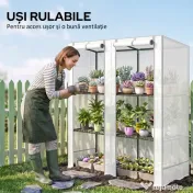 Outsunny Seră de Grădină cu 2 Uși Rulabile, Raft cu 3 Niveluri și Buzunare Laterale, Alb și Gri | Aosom Romania 