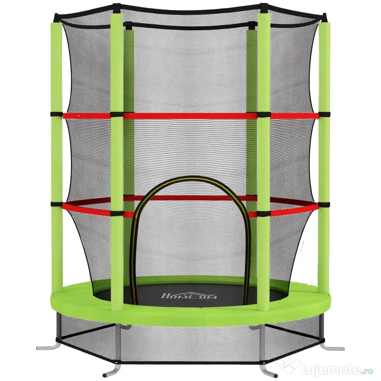 HOMCOM Saltea Elastică pentru Copii 3-6 Ani cu Plasă de Protecție, 6 Stâlpi și 3 Intrări, Ø140x190 cm, Verde | Aosom Romania