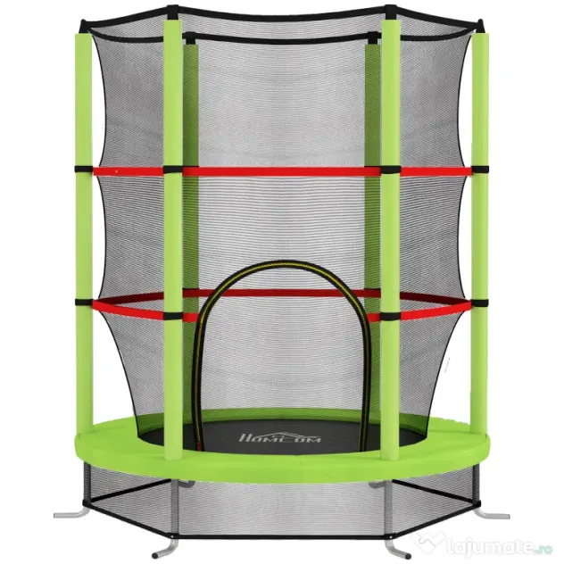 HOMCOM Saltea Elastică pentru Copii 3-6 Ani cu Plasă de Protecție, 6 Stâlpi și 3 Intrări, Ø140x190 cm, Verde | Aosom Romania