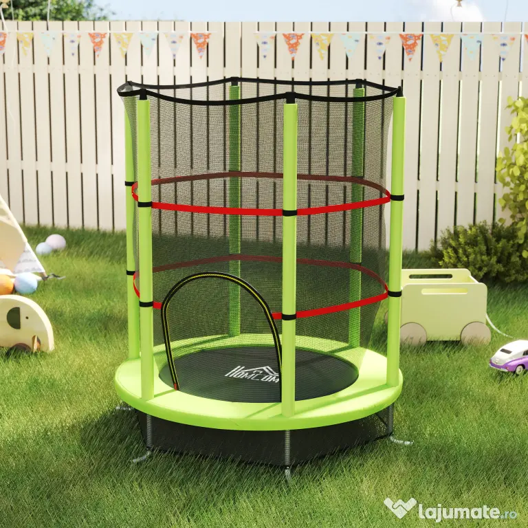 HOMCOM Saltea Elastică pentru Copii 3-6 Ani cu Plasă de Protecție, 6 Stâlpi și 3 Intrări, Ø140x190 cm, Verde | Aosom Romania