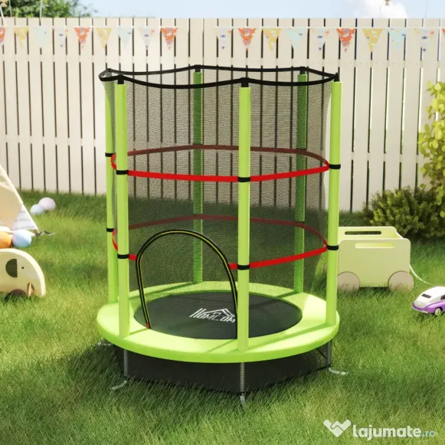 HOMCOM Saltea Elastică pentru Copii 3-6 Ani cu Plasă de Protecție, 6 Stâlpi și 3 Intrări, Ø140x190 cm, Verde | Aosom Romania