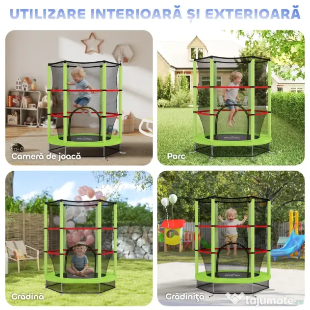 HOMCOM Saltea Elastică pentru Copii 3-6 Ani cu Plasă de Protecție, 6 Stâlpi și 3 Intrări, Ø140x190 cm, Verde | Aosom Romania