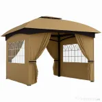 Outsunny Foișor de Grădină 3.4x3.4m cu Pereți, Protecție UV și Acoperiș pe 2 Niveluri, Bej