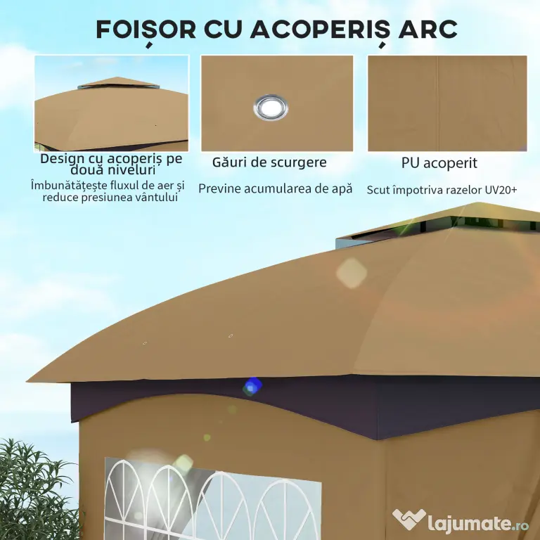 Outsunny Pavilion de Grădină cu Copertină, Perdele, Ferestre și Acoperiș Ventilat, 335x335x285 cm, Bej | Aosom Romania