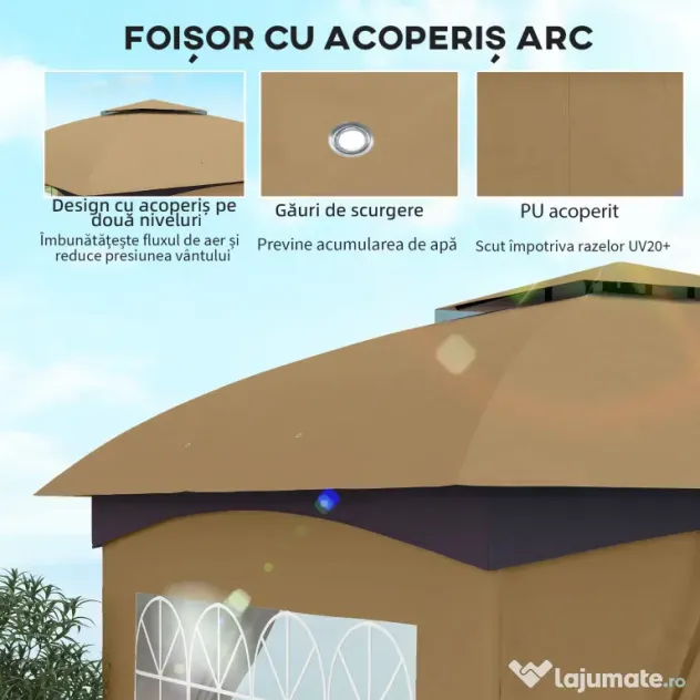 Outsunny Pavilion de Grădină cu Copertină, Perdele, Ferestre și Acoperiș Ventilat, 335x335x285 cm, Bej | Aosom Romania