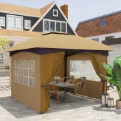 Outsunny Pavilion de Grădină cu Copertină, Perdele, Ferestre și Acoperiș Ventilat, 335x335x285 cm, Bej | Aosom Romania 
