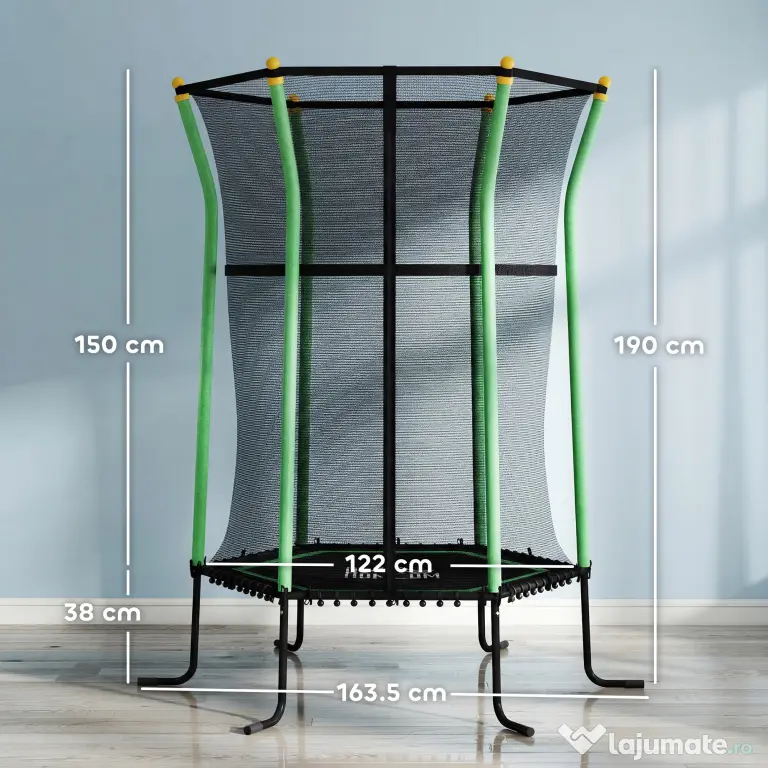 HOMCOM Trambulină Elastică pentru Copii 3-10 Ani cu Intrare cu Fermoar și Stâlpi Căptușiți, 122 x 111 x 190 cm, Verde