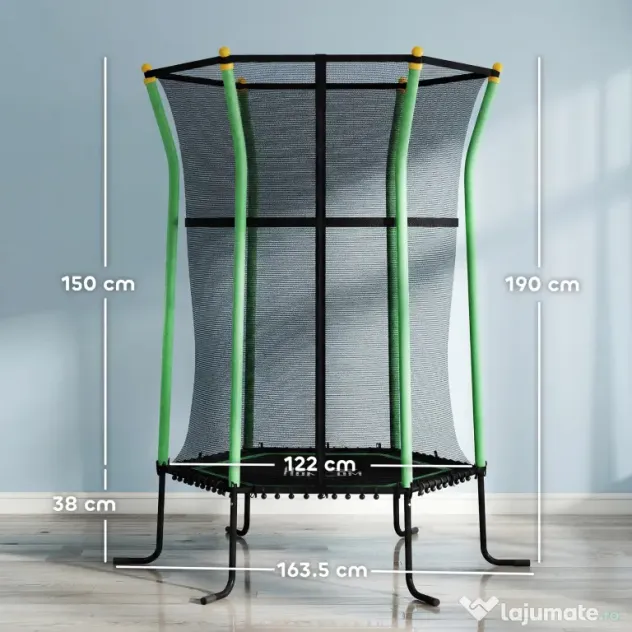HOMCOM Trambulină Elastică pentru Copii 3-10 Ani cu Intrare cu Fermoar și Stâlpi Căptușiți, 122 x 111 x 190 cm, Verde