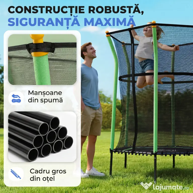 HOMCOM Trambulină Elastică pentru Copii 3-10 Ani cu Intrare cu Fermoar și Stâlpi Căptușiți, 122 x 111 x 190 cm, Verde