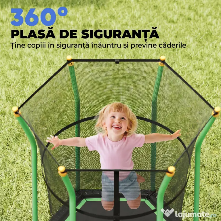 HOMCOM Trambulină Elastică pentru Copii 3-10 Ani cu Intrare cu Fermoar și Stâlpi Căptușiți, 122 x 111 x 190 cm, Verde