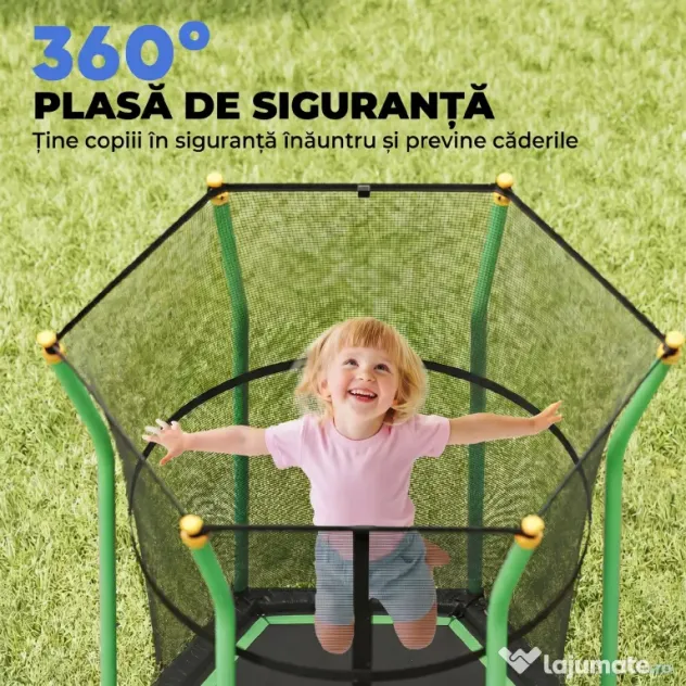 HOMCOM Trambulină Elastică pentru Copii 3-10 Ani cu Intrare cu Fermoar și Stâlpi Căptușiți, 122 x 111 x 190 cm, Verde