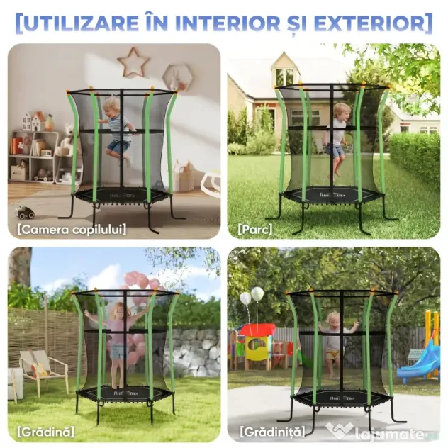 HOMCOM Trambulină Elastică pentru Copii 3-10 Ani cu Intrare cu Fermoar și Stâlpi Căptușiți, 122 x 111 x 190 cm, Verde